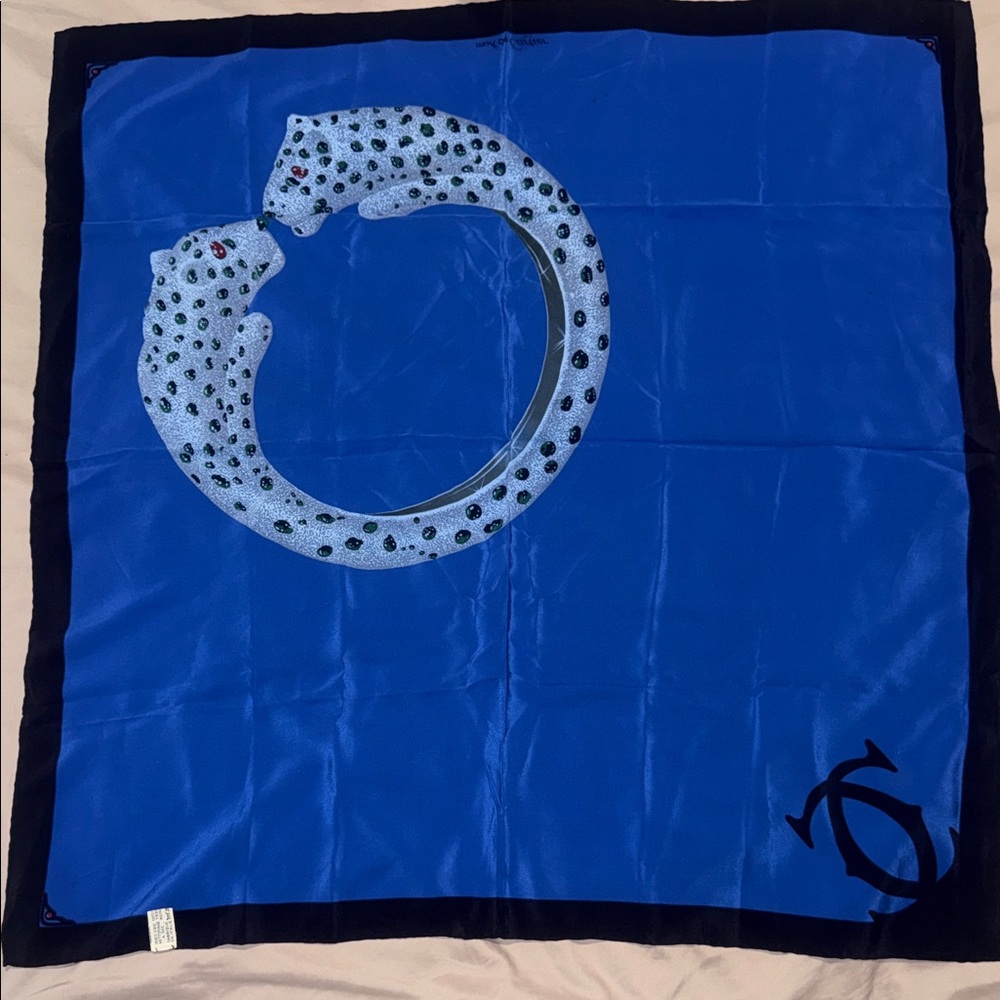 Cartier Blue Scarf with Panther Design 💯 % silk  made in Italy